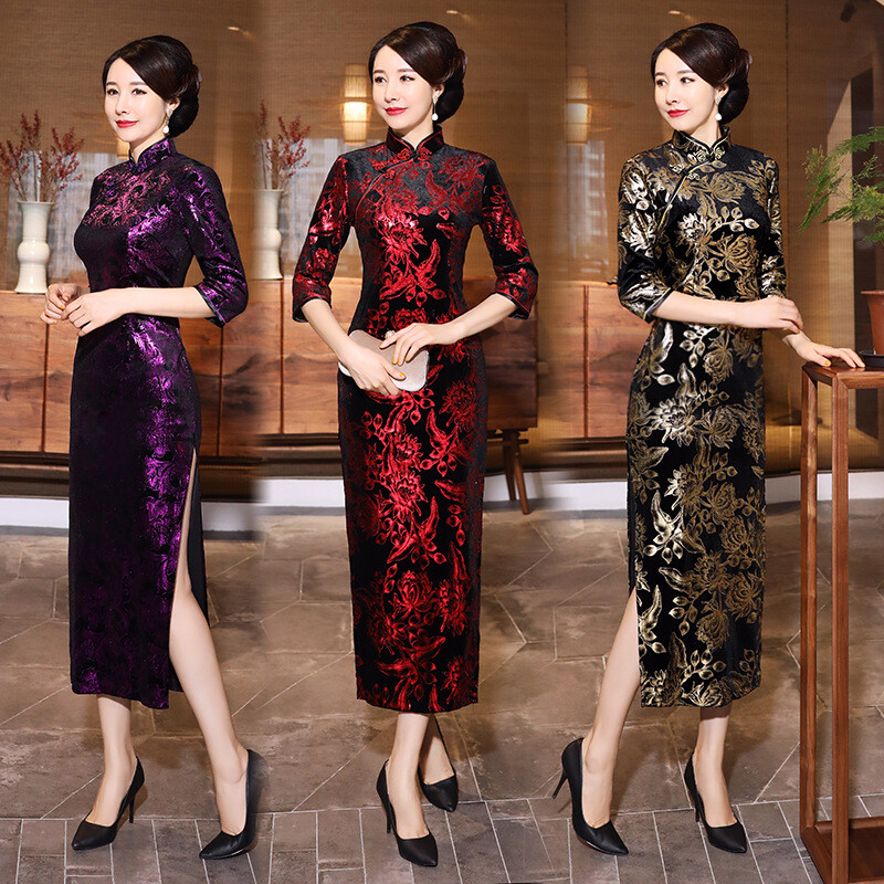 Women Autumn Winter Velvet Qipao Dress Chinese Long Velour Cheongsam Ball Gowns