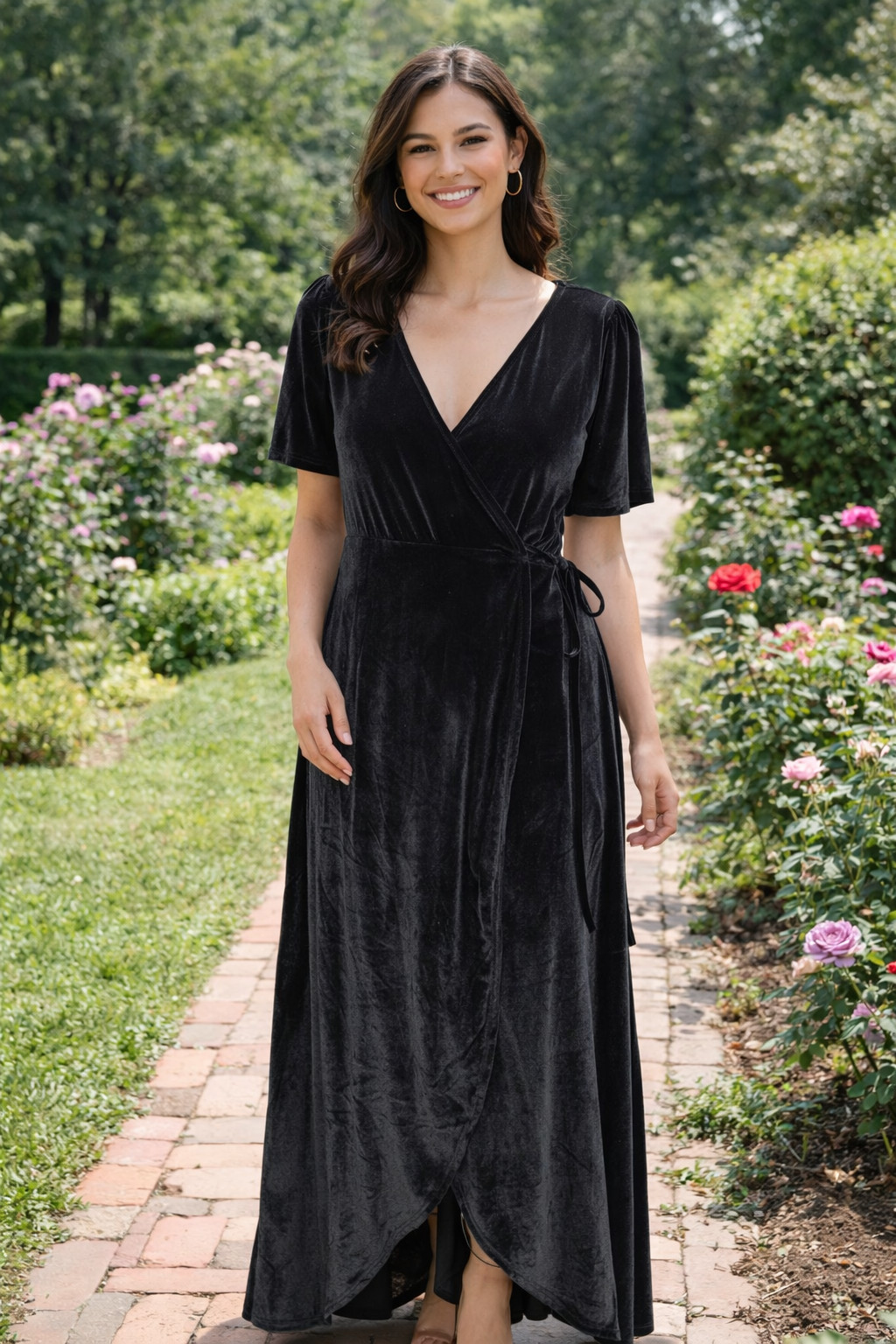 Baltic Born Size 1X Velvet Meghan Black Short Flutter Sleeve Wrap Maxi Dress