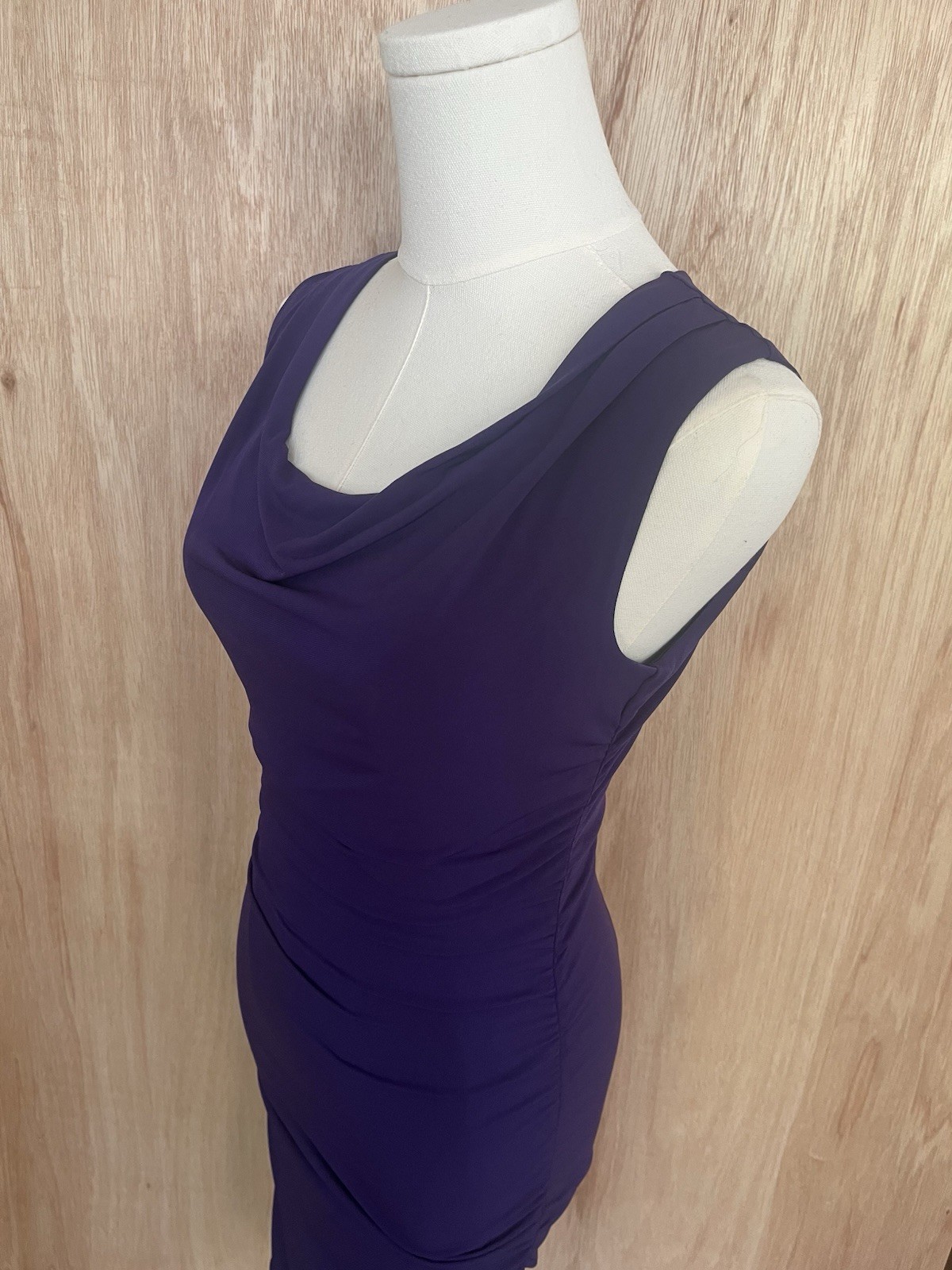 Saint Tropez West Royal Purple Ruched Midi Cowl Neck Sheath Bodycon Dress S 4