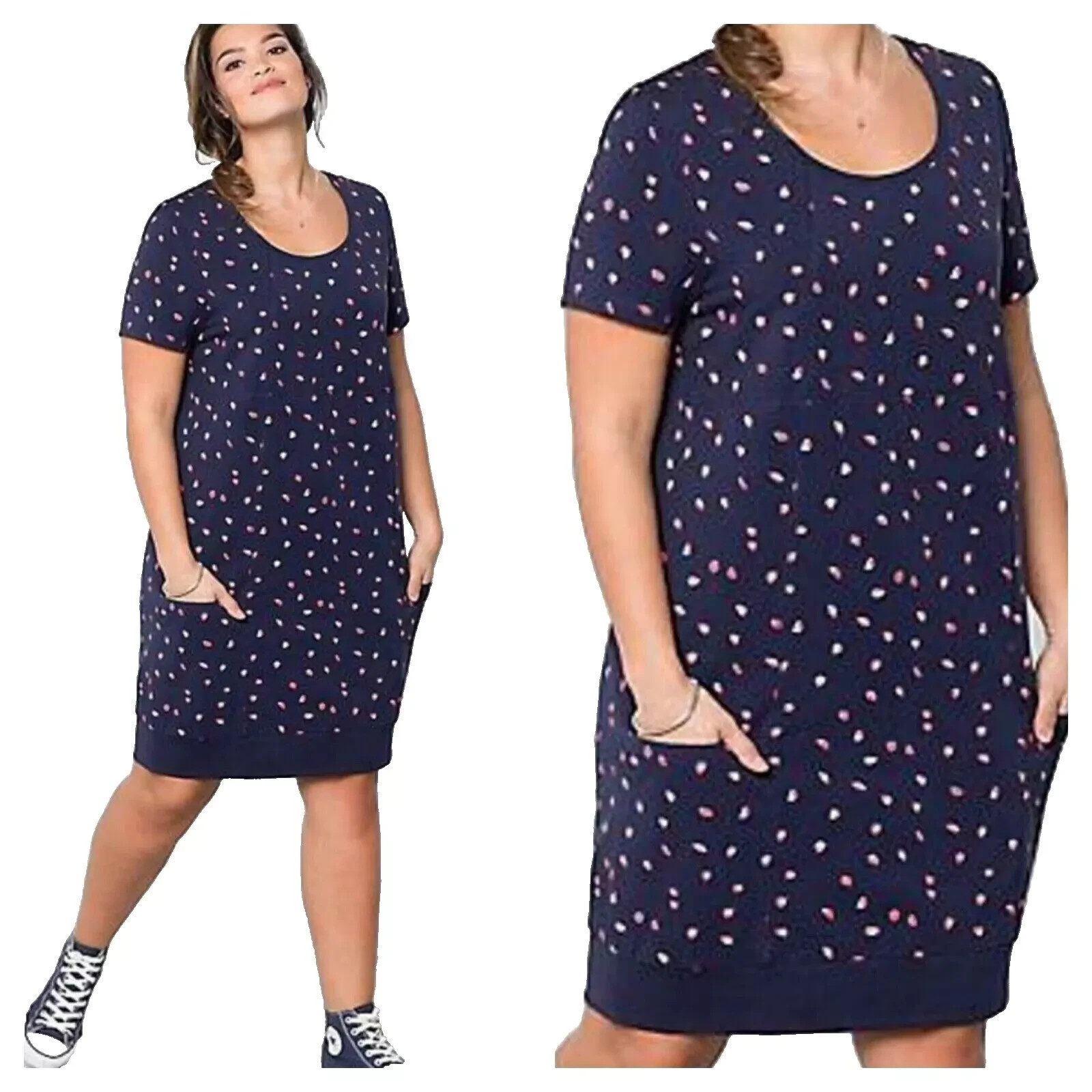 Sheego Plus Size 18 24 30 32 Navy Strawberry Print Casual Stretchy Tunic DRESS