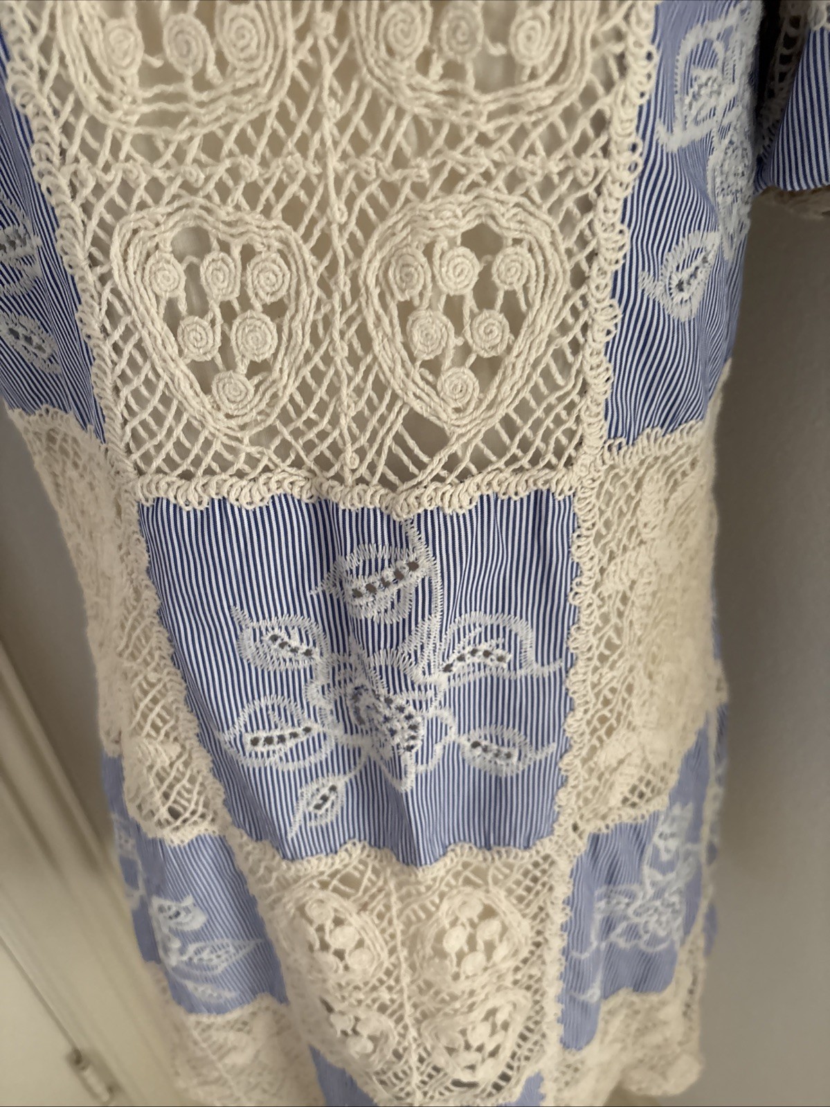 Sofie the label Blue Ivory Crochet Shirt Dress S Collared Puff Sleeve Button