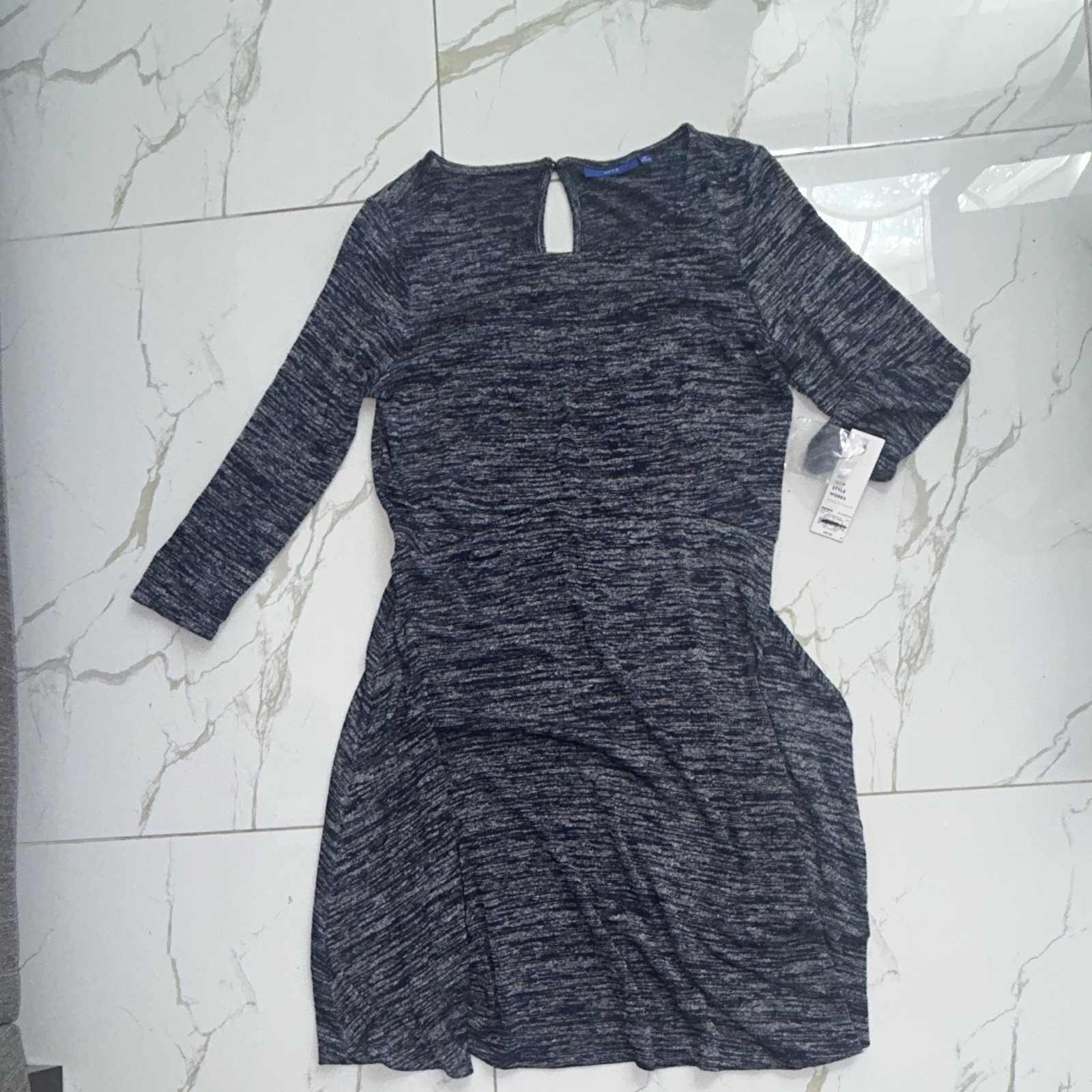Style & Co Heathered Knit Keyhole Back A-Line Knee Dress M/L Navy White