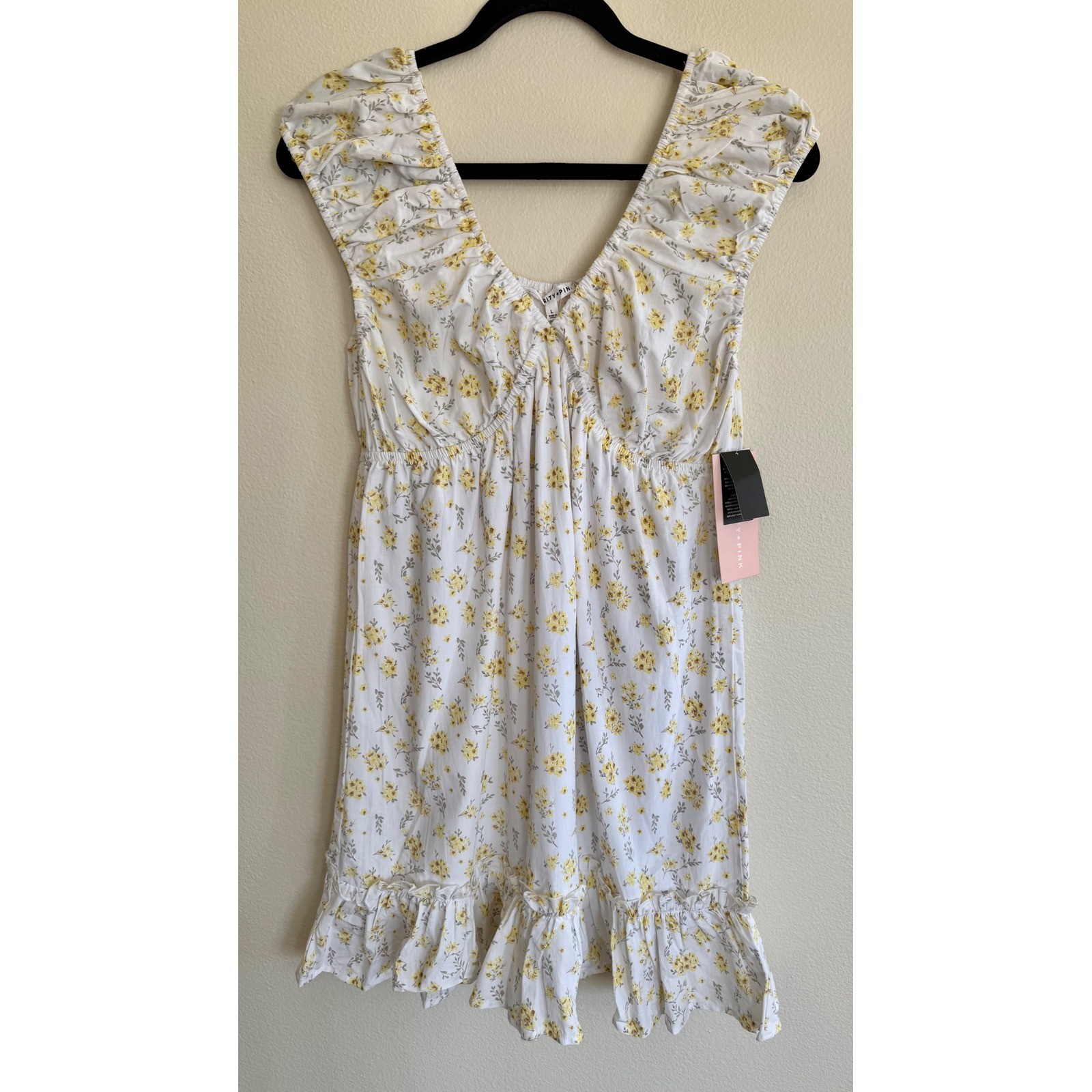 Celebrity Pink White Yellow Ruched V-Neck Floral Mini Dress Size S Summer Y2K