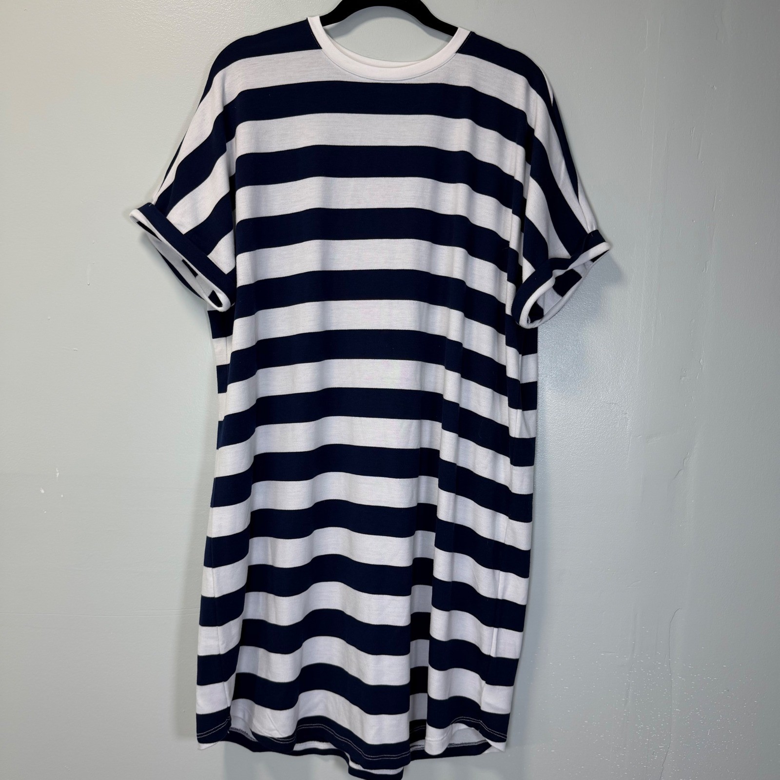 Crown & Ivy Womens XL Navy Blue White Striped T-Shirt Dress Short Sleeve Cuffed