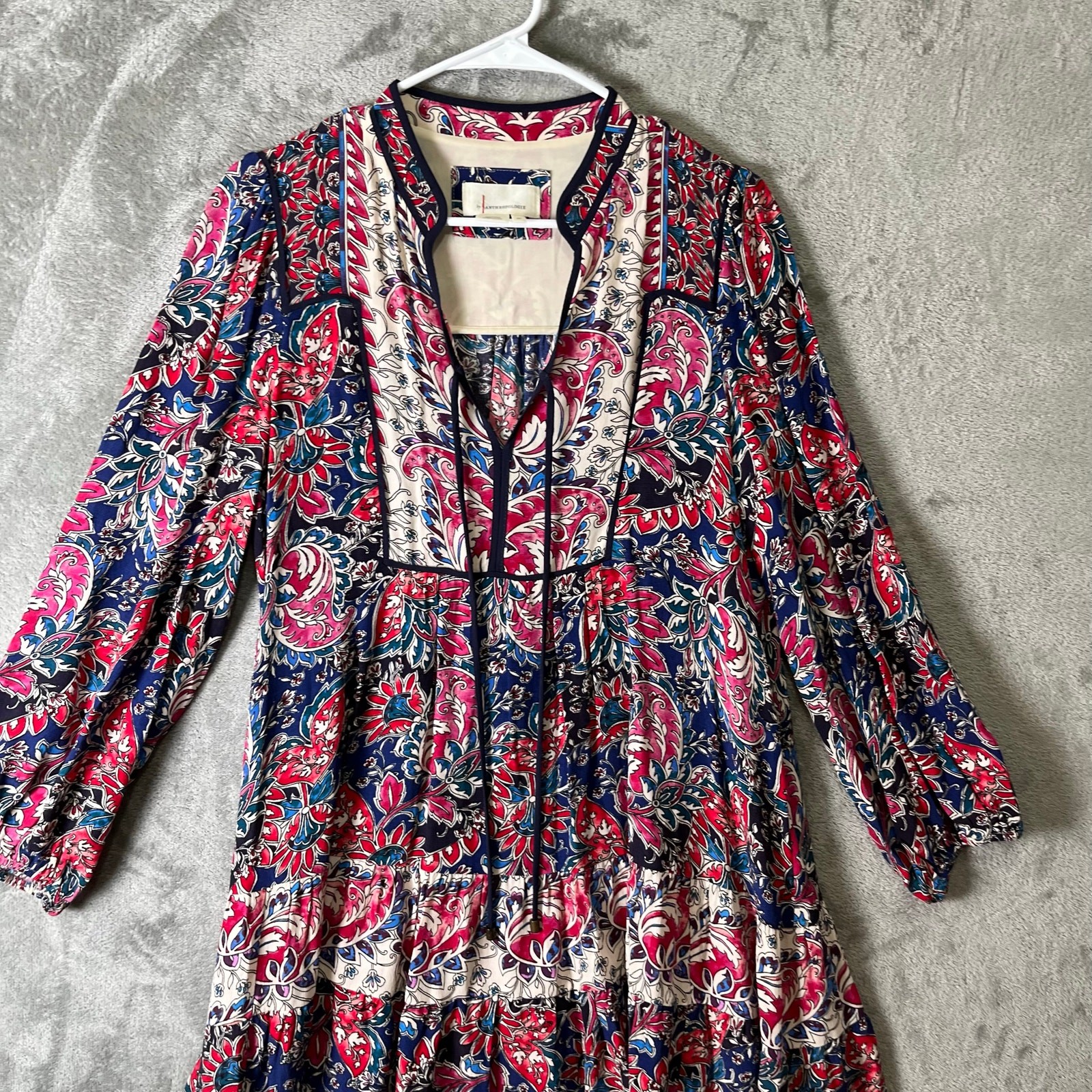 Anthropologie Spliced Tunic Dress Red & Blue Paisley Long Sleeve Medium Petite