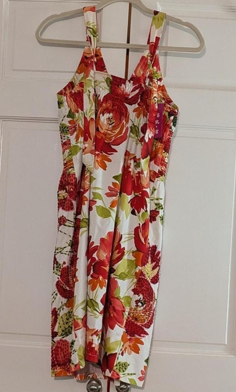 🍊 Vibrant Tropical Floral Halter Mini Summer Sundress w Beaded Embroidery