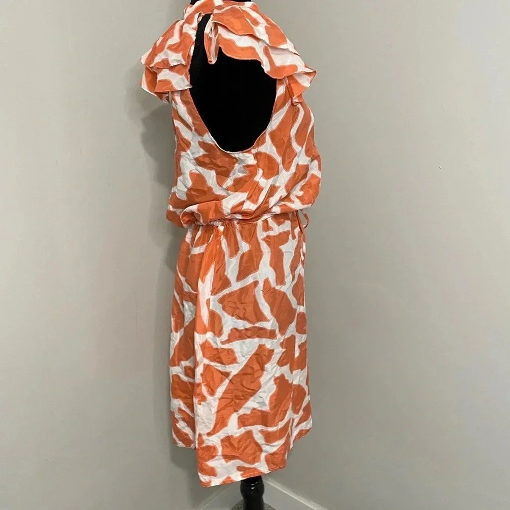 Ann Taylor Loft 100% Silk Coral and White Geometric Ruffle Sleeve Mini Dress