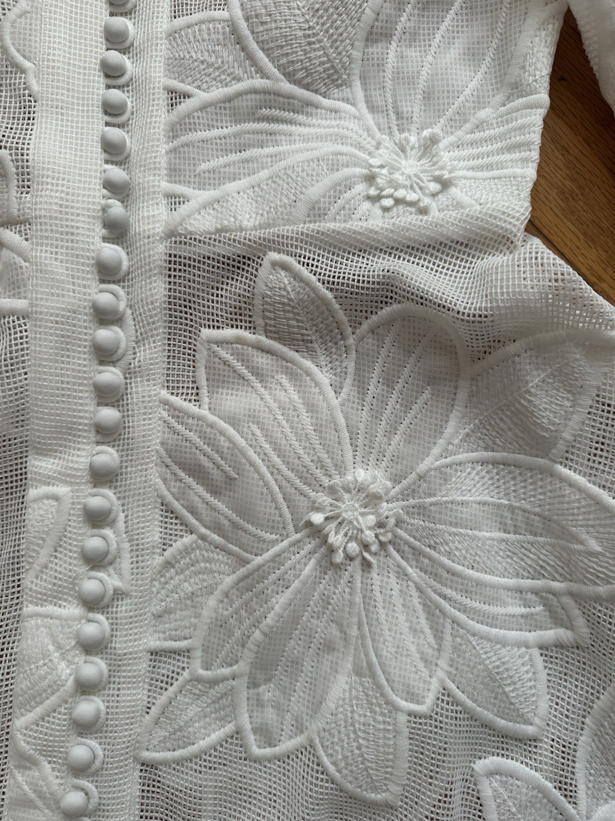 Flower Embroidered Front Bottons Back Zipper Lace Dress White Size L (US 8)