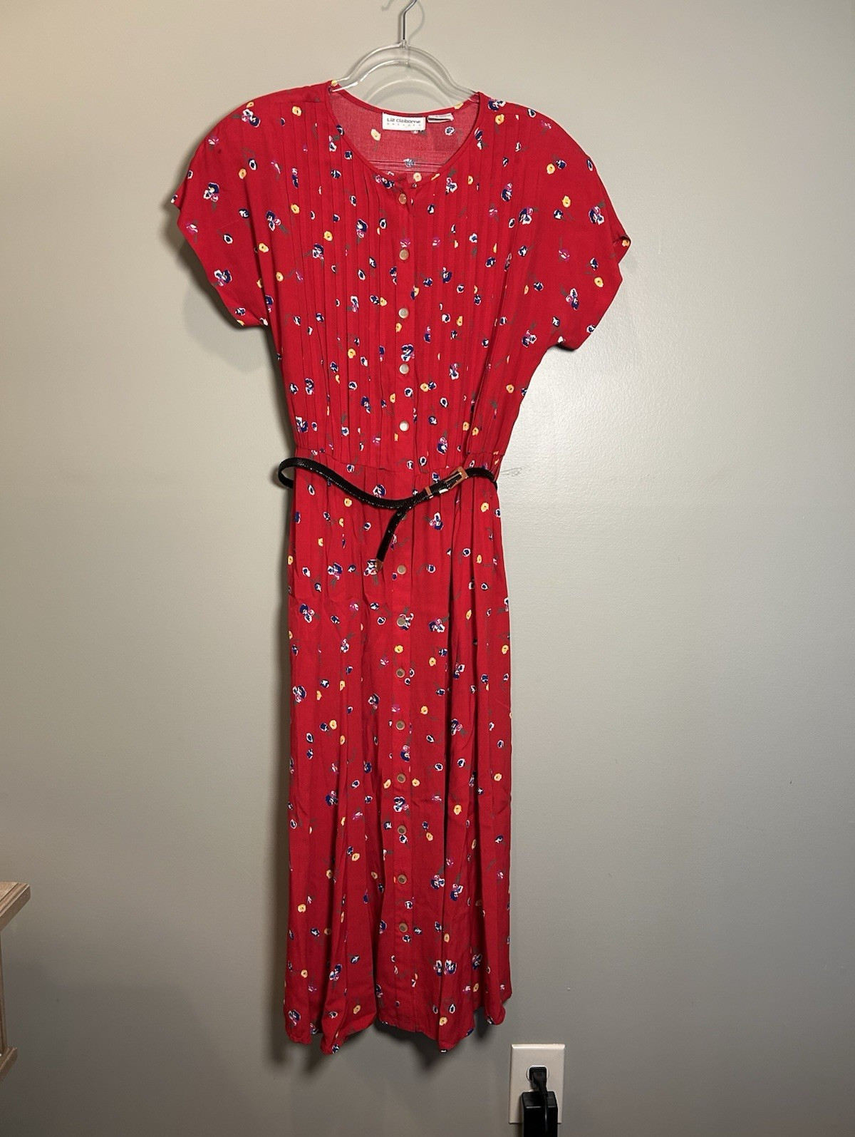 Vintage Liz Claiborne Dresses Sz 8 Red Floral Midi Dress with Belt cottagecore