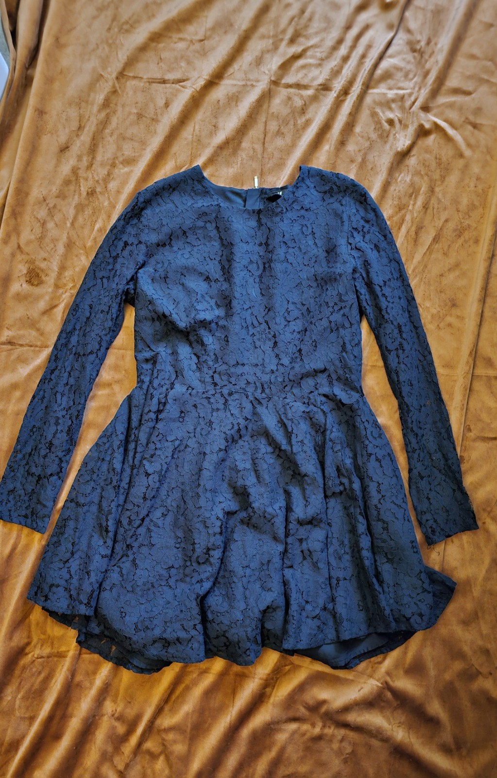 H&M Black Floral Lace Lined Fit & Flare Short Dress Long Sleeve Zip 14
