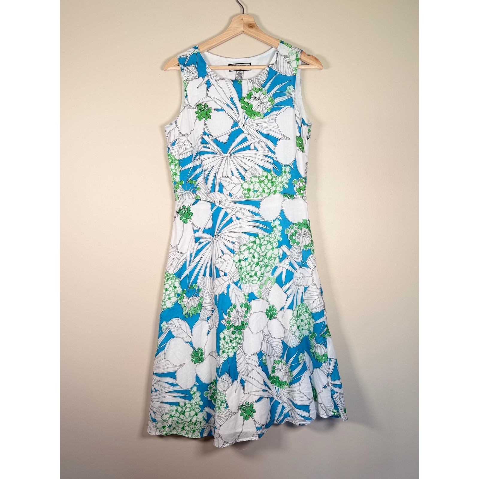 Caribbean Joe Womens Blue Green Tropical Floral Cotton Fit Flare Dress Size M