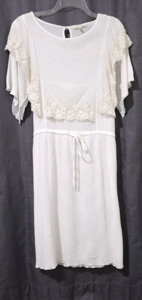 NEW Stevie Hender sz MEDIUM Romantic Lace Smock Dress Ivory Crinkle Short Sleeve