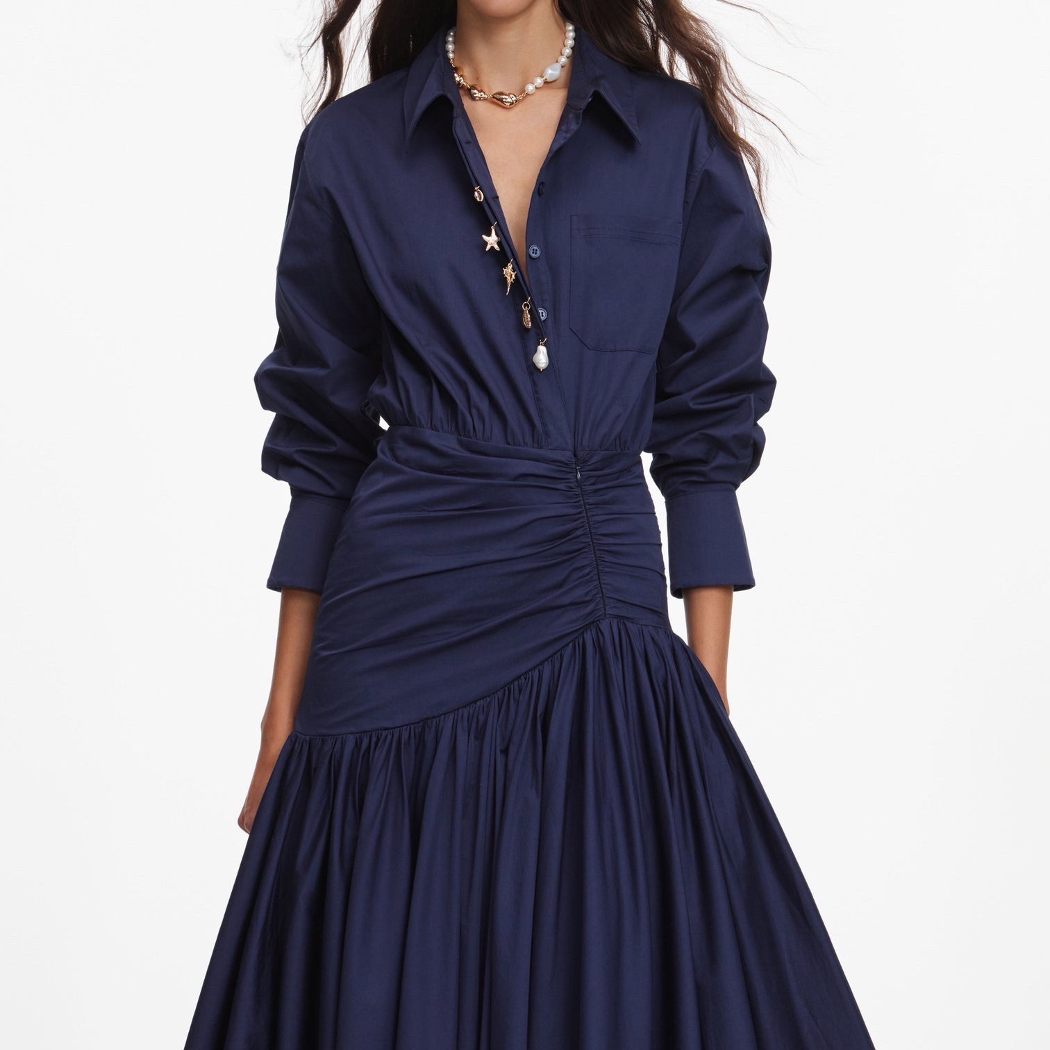 self portrait NAVY COTTON ASYMMETRIC MIDI DRESS $650 Size US 8 UK 12