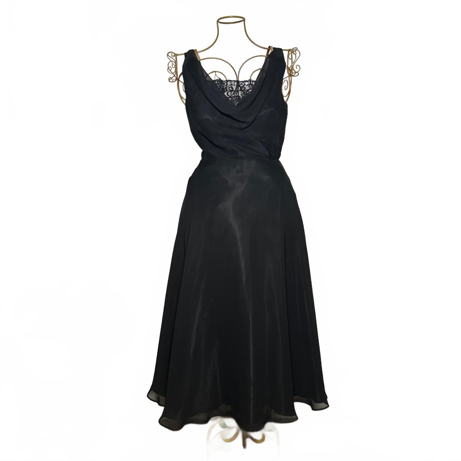 JS Boutique Black Chiffon Cowl Neck Midi Cocktail Dress Beaded Lace Size 4
