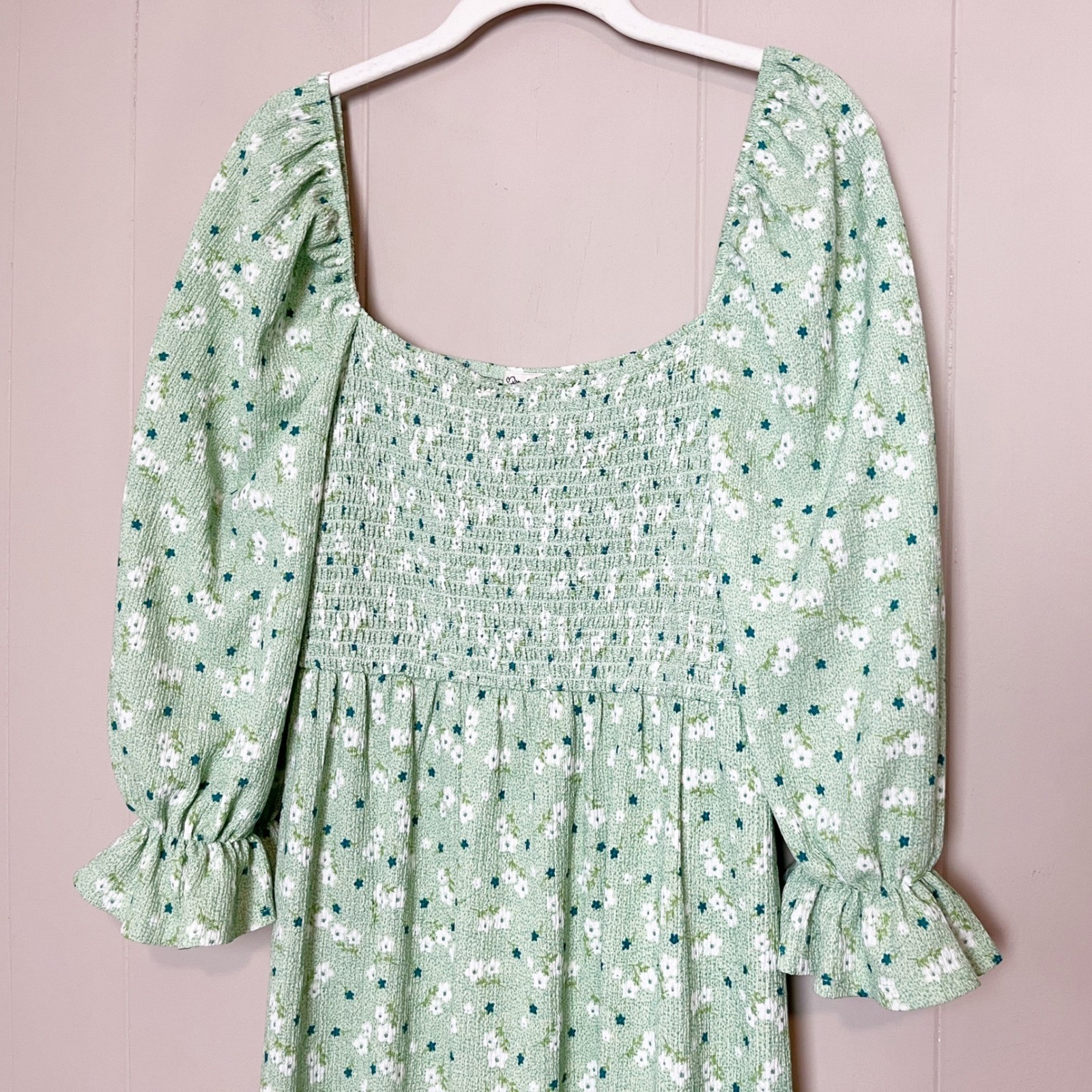 Miss Selfridge Green Floral Smocked Midi Dress 6 Puff Sleeve Milkmaid Cottage