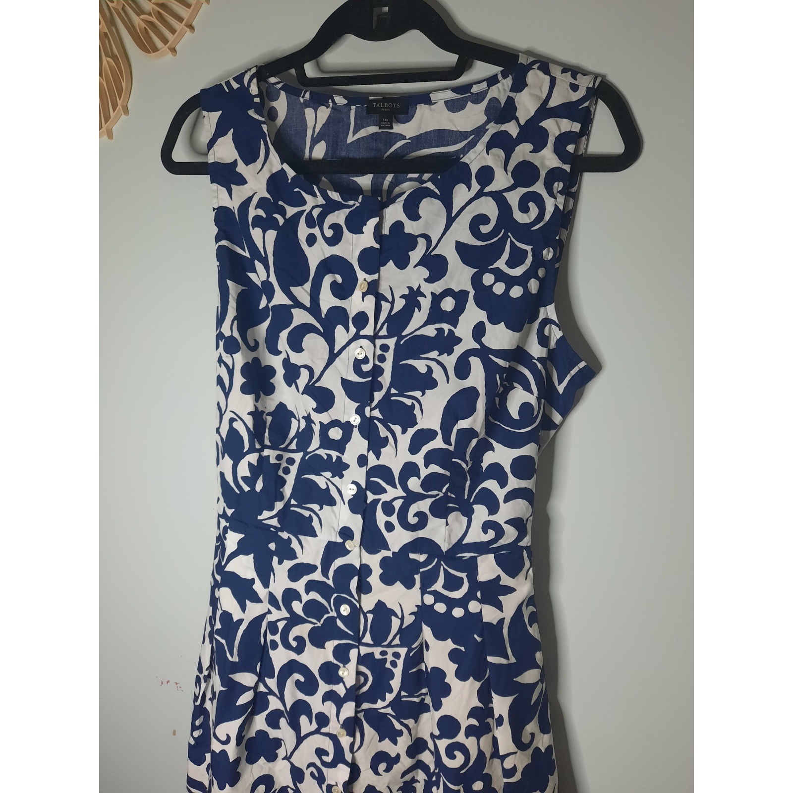 Talbots Petite Blue White Cotton Damask Scroll Button Front Tie Back Dress 14P