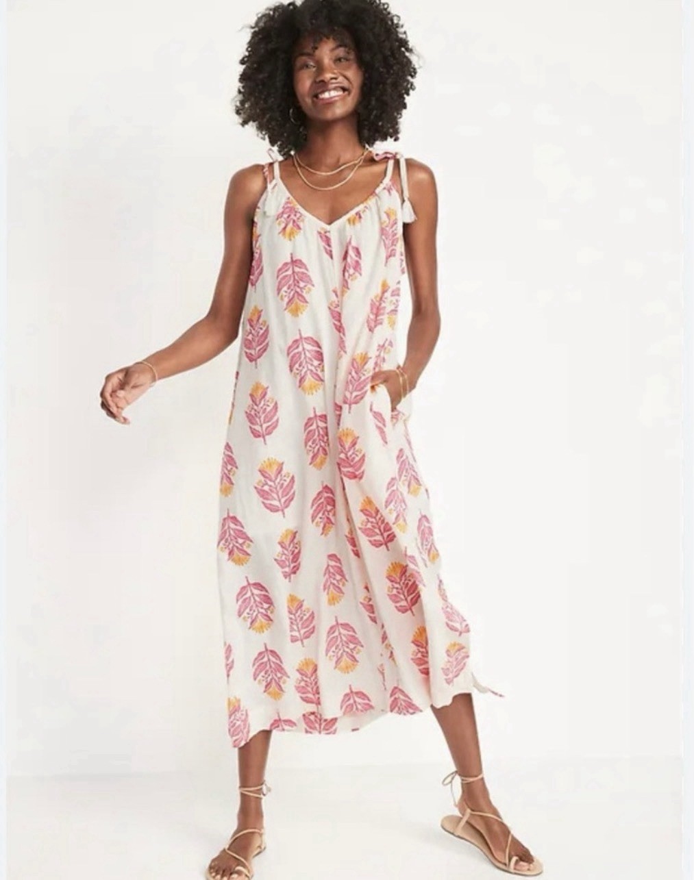 Old Navy White Pink Yellow Floral V-Neck Strappy Midi Sundress Pockets M