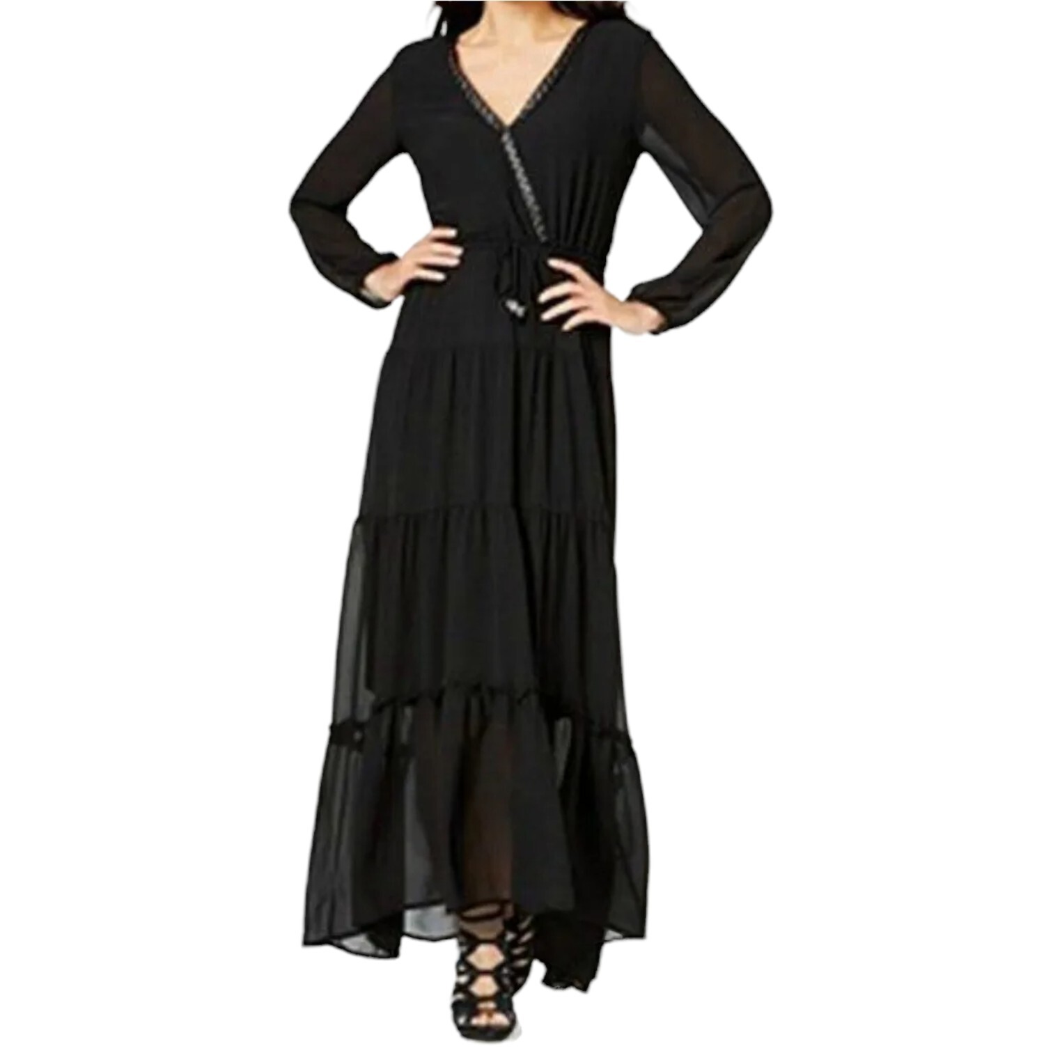 NY Collection Maxi Dress Black Long Sleeve Beaded V Neck Tier Ruffle NWT Flaw XS