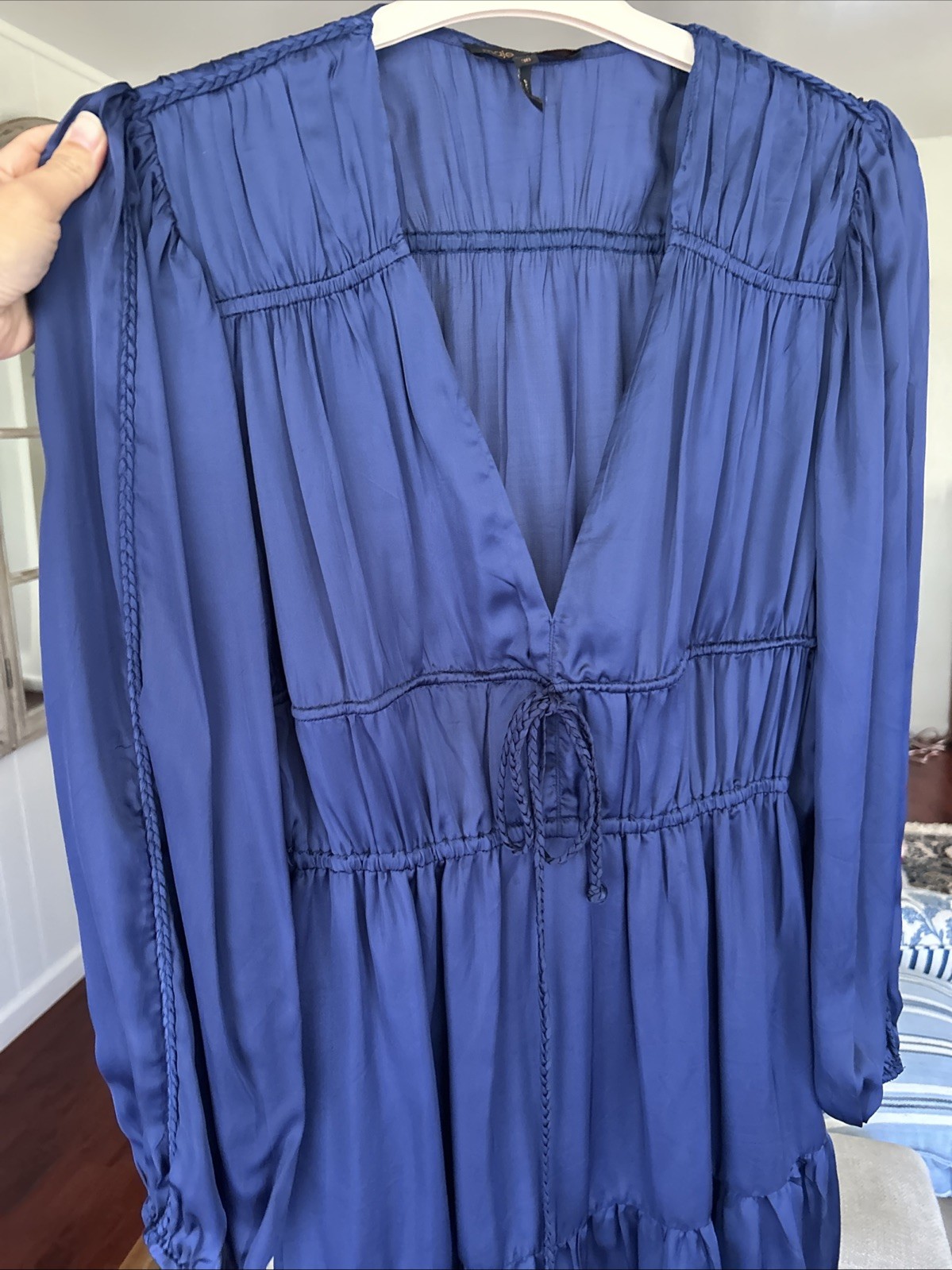 Maje Mini Dress Navy Blue Long Sleeve V-Neck Silky Women Size 38 FR / 2-4 US