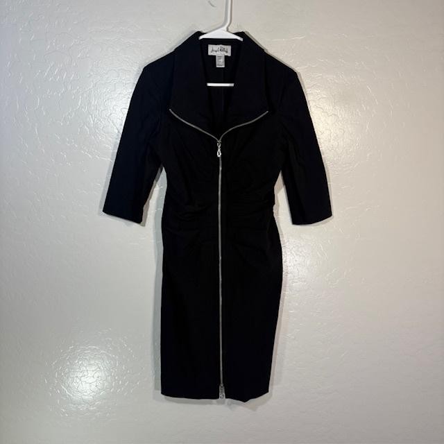 Joseph Ribkoff Dress Womens 10 Black Zip Front Collared Ruched Sheath 3/4 Sleeve