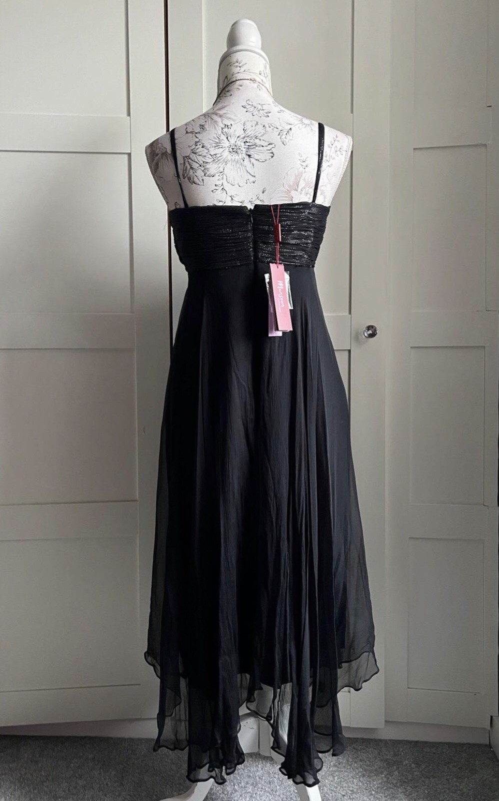 MONSOON Silk Black & Silver Evening Dress UK 12 Timeless Elegant Modern Classic
