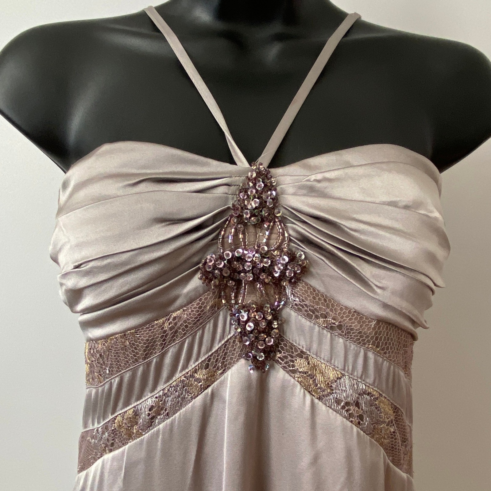 Y2k Maria Bianca Nero M Champagne VTG Fairy Halter Midi Dress Beaded Lace Trim