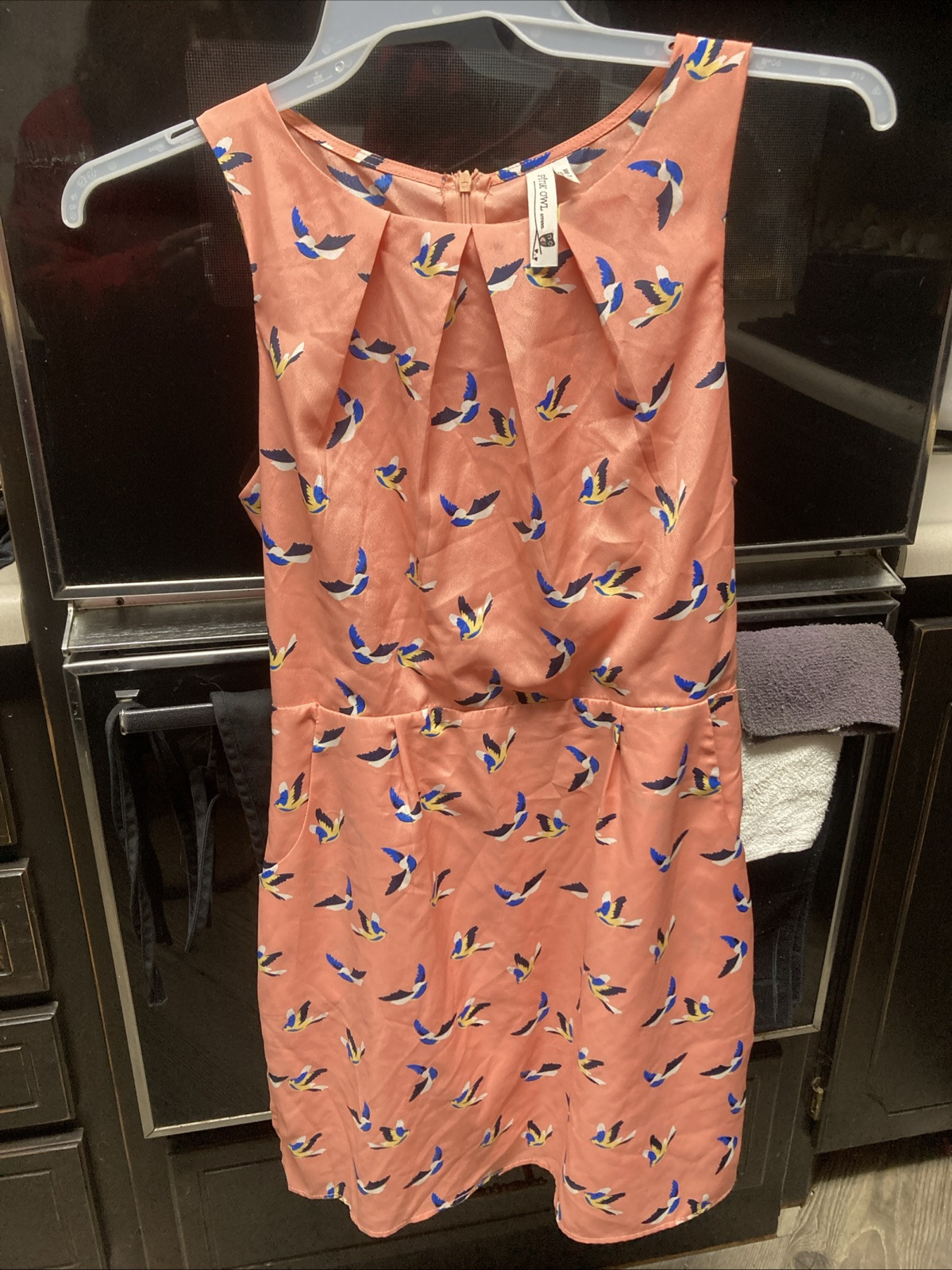 Pink Owl Peach Bird Fit And Flare Women’s Dress Large Zippered Back Lined