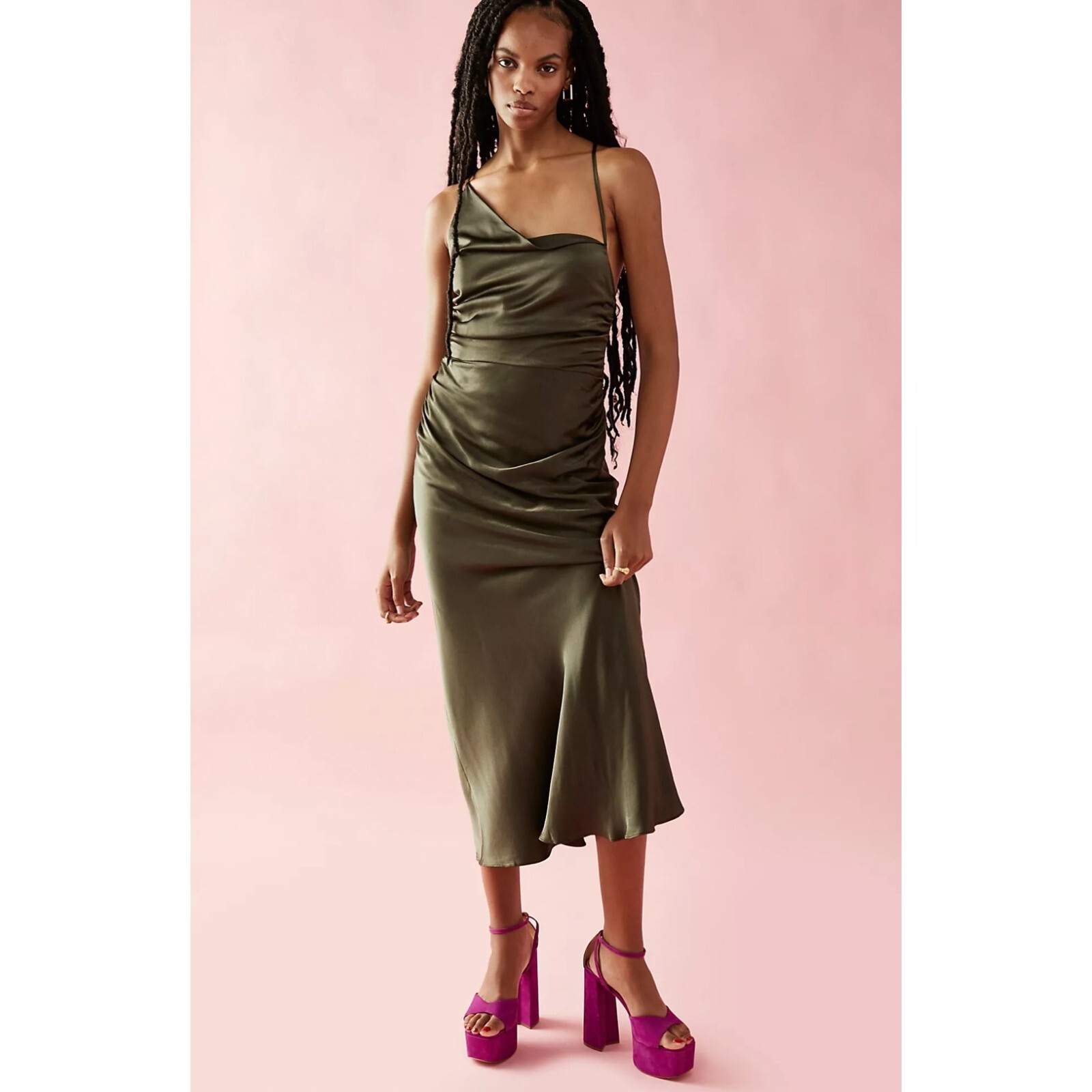 Free People Shona Joy Giorgia Asymmetrical Midi Dress in Moss Size 12