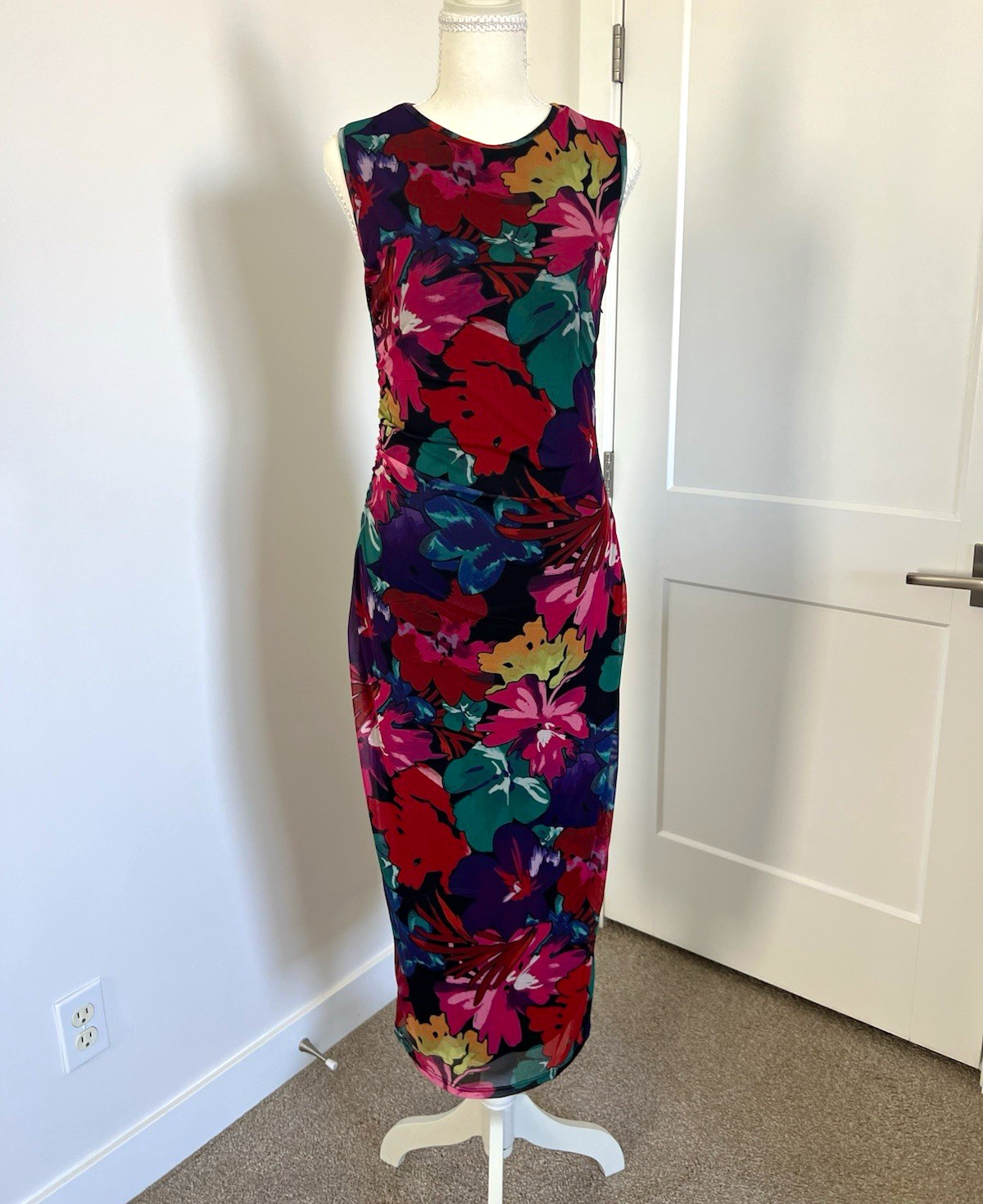 MEROKEETY Women’s Size M Multicolor Floral Mesh Ruched Bodycon Midi Dress
