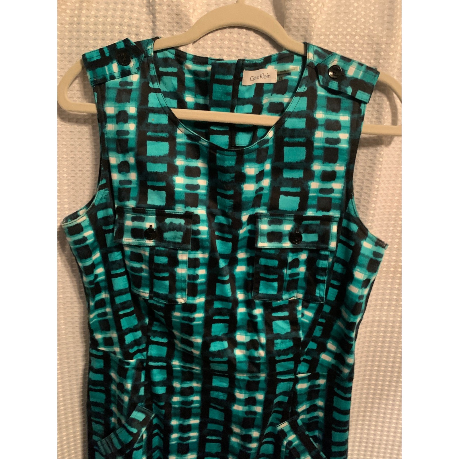 Calvin Klein Teal Black Geometric Grid Sleeveless Sheath Dress Size 12 Pocket
