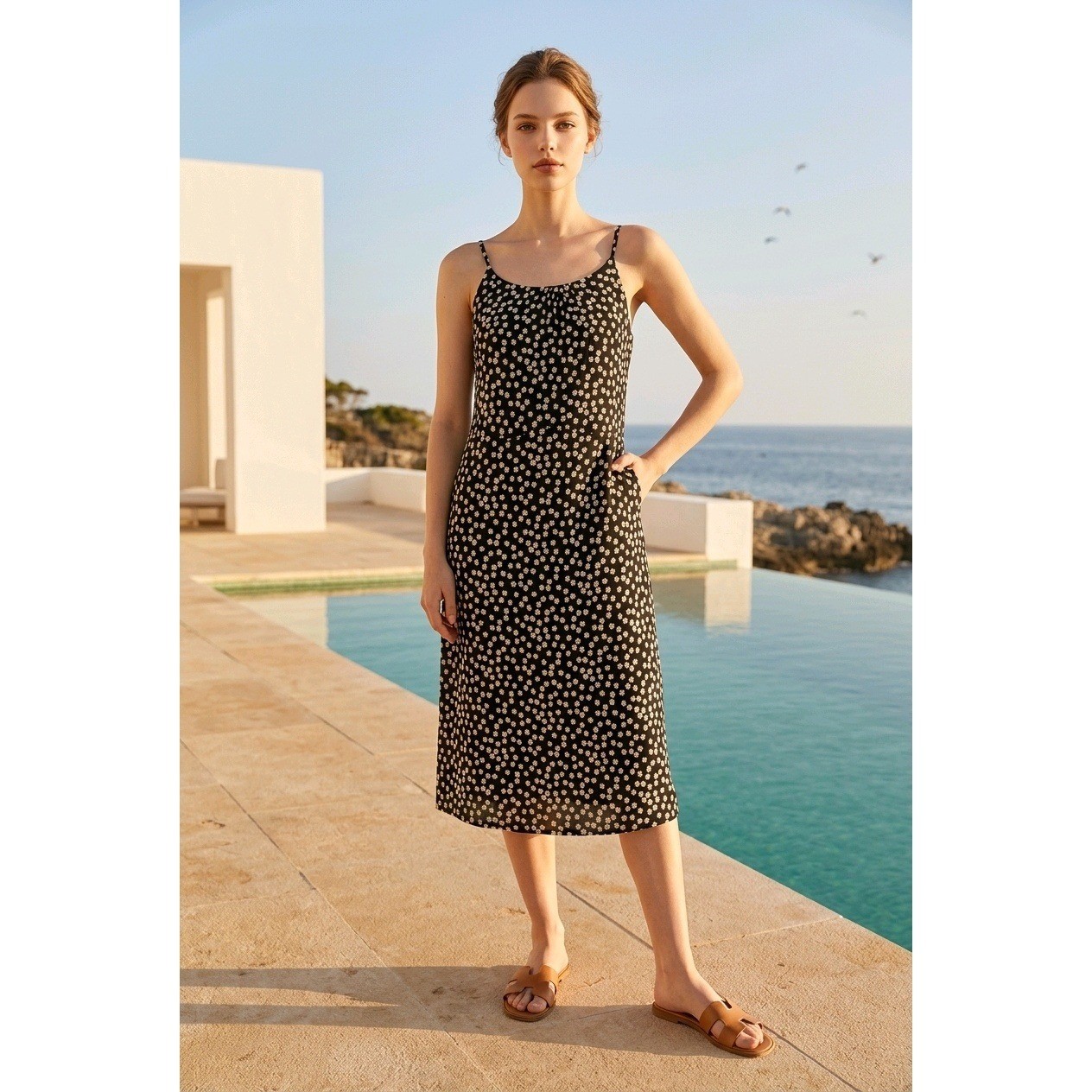 Matty M Womens Black Daisy Floral Midi Dress XS Adjustable Straps Pockets