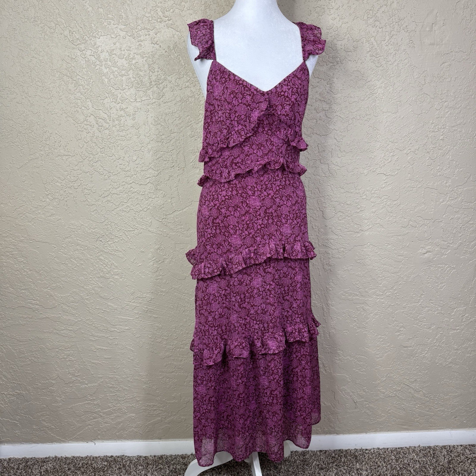 O.P.T Women’s Tiered Ruffle Maxi Dress Size XS Pink Paisley Boho Fairy Romantic