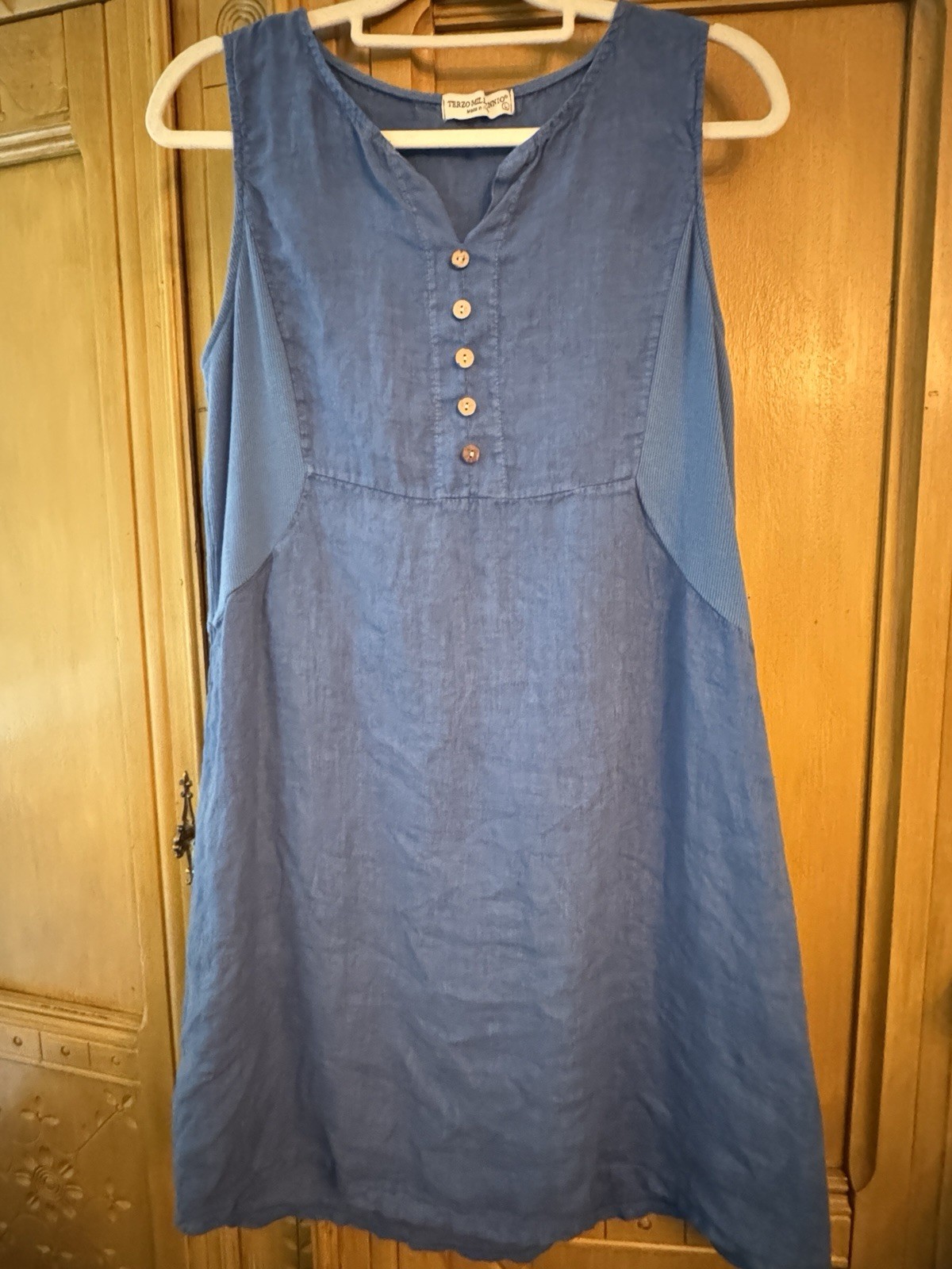 Terzo Millennio Blue Linen Cotton Sheath Dress Sleeveless V-Neck Button Size L