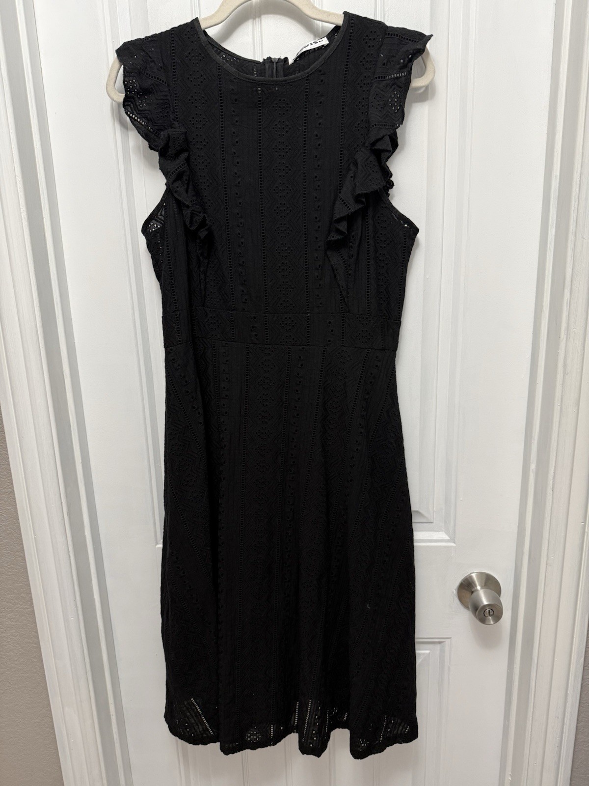 Ecowish Black Eyelet Midi Fit & Flare Women Large Flutter Sleeve Dress (G-6)