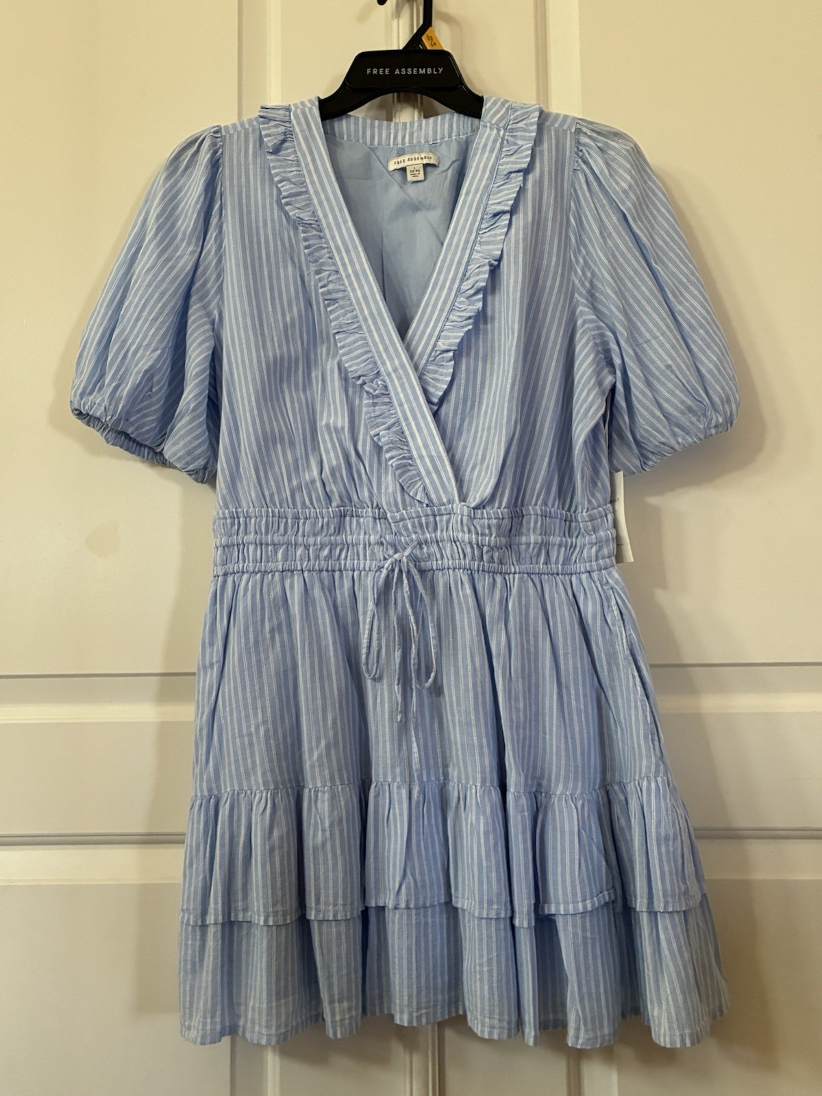 Free Assembly Women’s Sz XL Blue Tiered Ruffle Puff Sleeve Cotton Mini Dress NWT