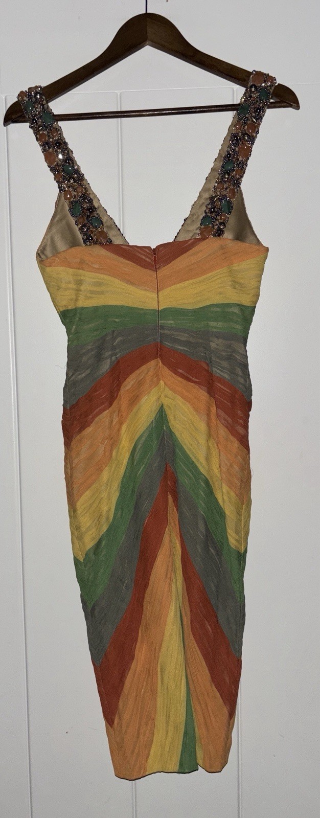 MANDALAY Privee Rainbow Stone Beaded Pleated Silk Elegant Cocktail Dress Women 6