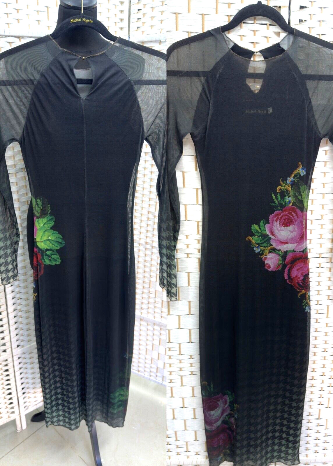 Michal Negrin Length Black Dress With Colorful Flowers Dress Size – XS –