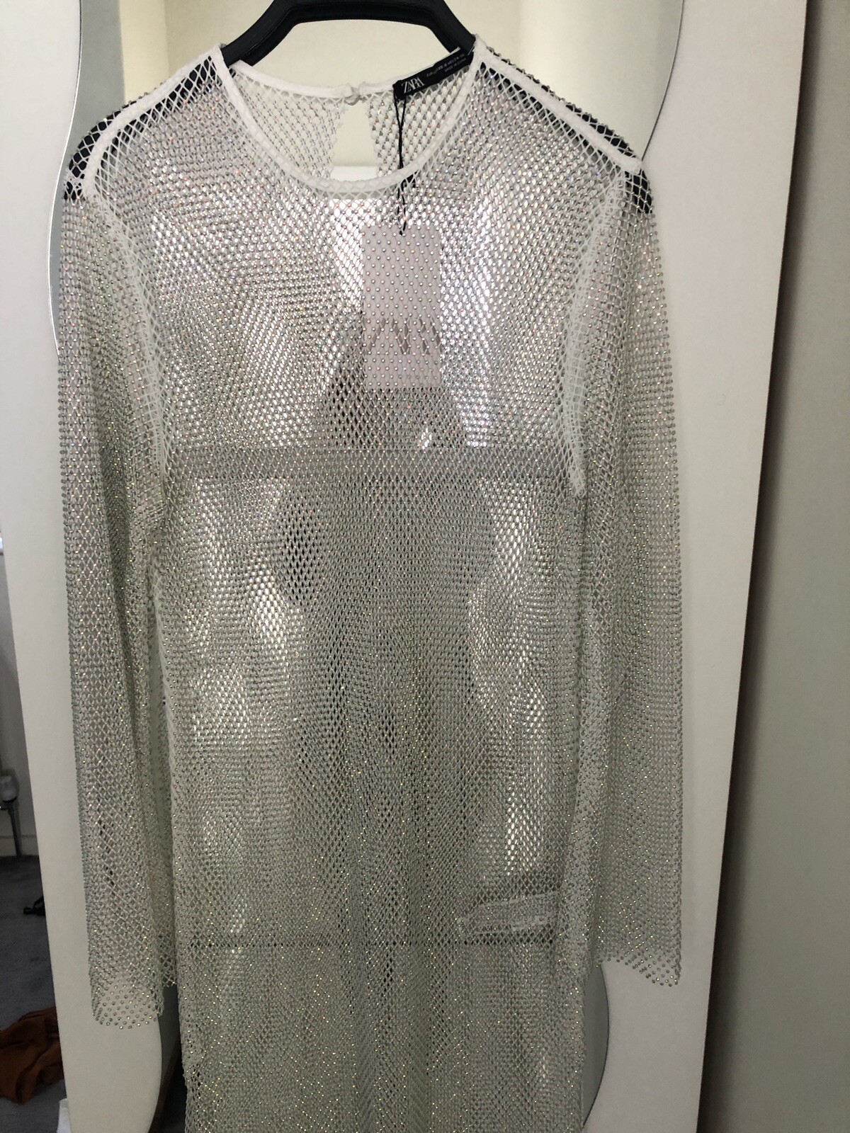 £120 ZARA SILVER RHINESTONE MESH midi maxi bodycon DRESS XS S 8 10 12 Cover Up