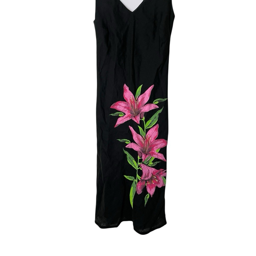Y2K Cortefiel Black Sleeveless V Neck Linen Painted Floral Dress 38