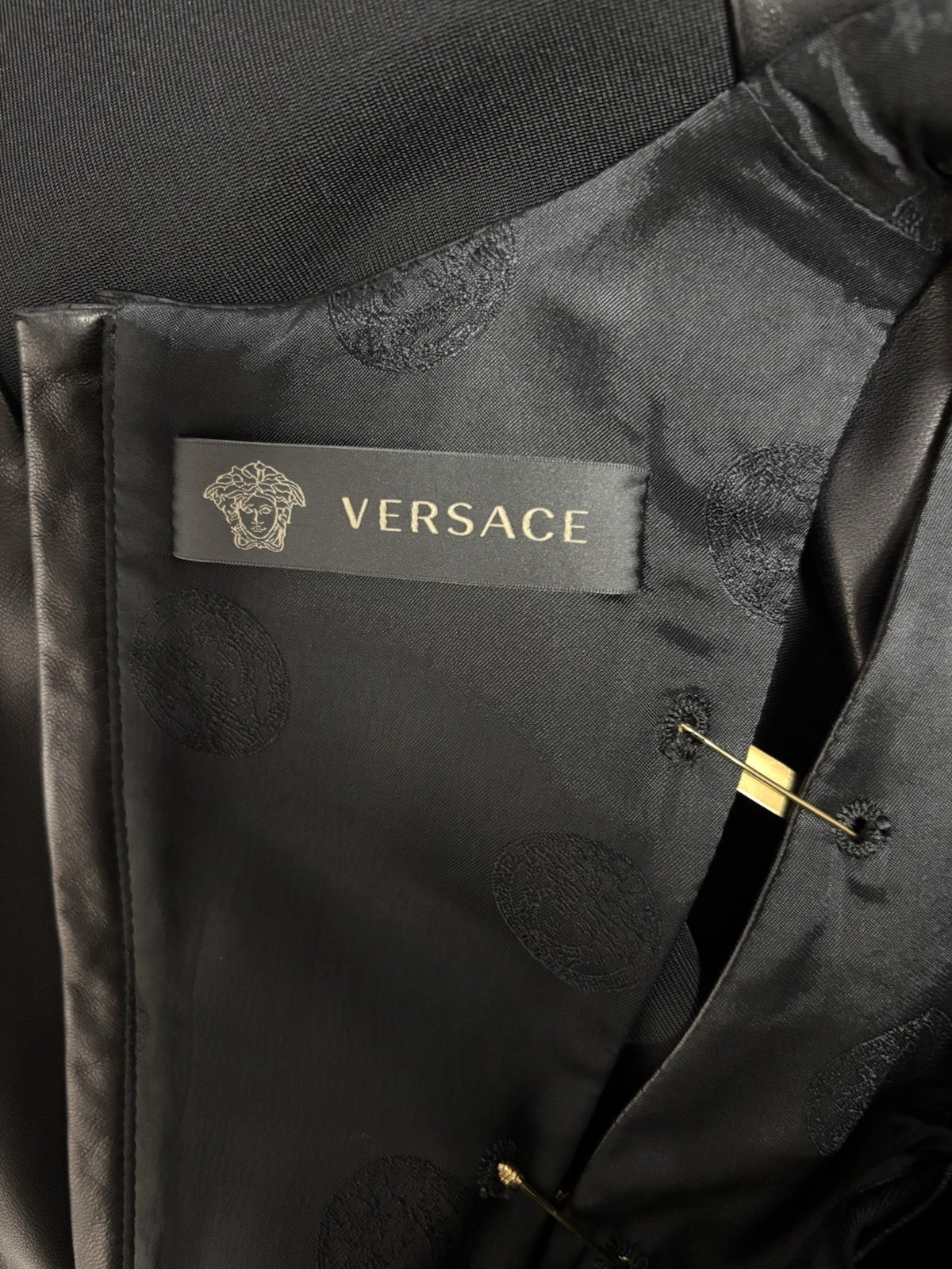 Versace 2019 Black Leather Gold Medusa Brooch Dress IT 38