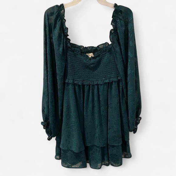 Altar’d State Emerald Green Floral Burnout Smocked Tiered Mini Dress Medium