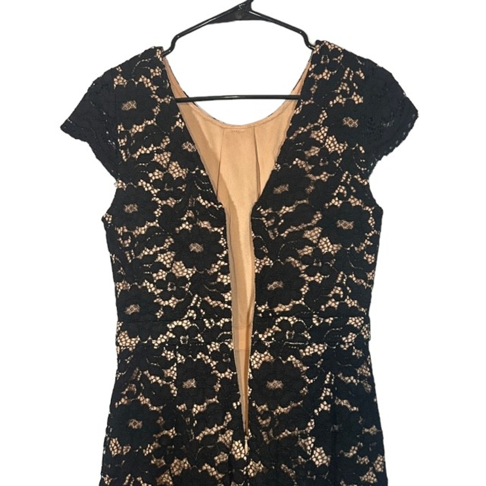 Esley Black & Cream Lace Overlay Short Capped Sleeve Bodycon Dress Women Sz S
