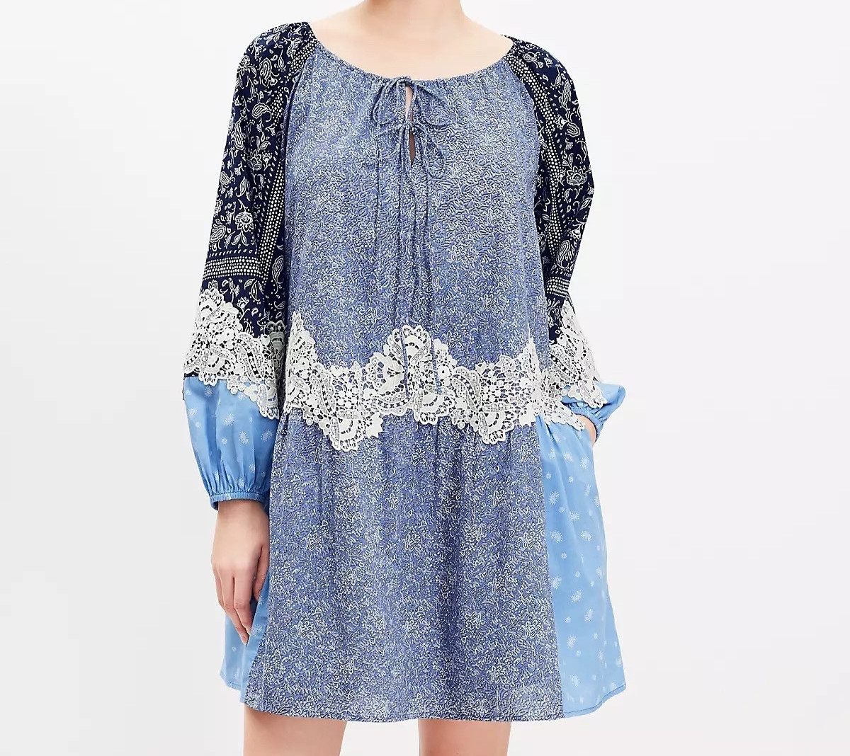 LOFT Precious Sapphire Lace Paisley Tie Mini Pocket Dress Patchwork Boho LP NWT