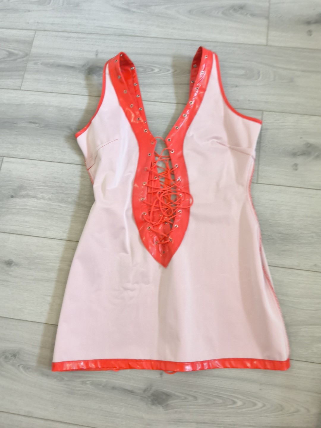 BNWOT Bright Red PVC Plunge Neck Lace Up Front & Back Bodycon Dress Size 10-14