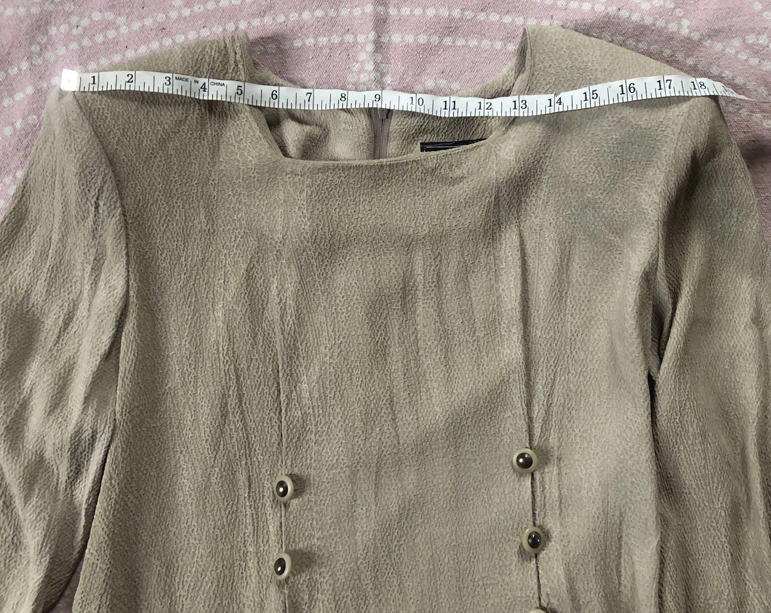 Vtg Impulsive Sand Beige Crepe Long Slv Dress Buttons Shoulder Pads Lux Coastal