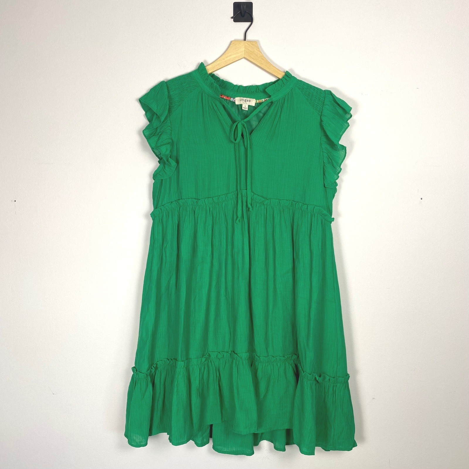 Umgee USA Green Ruffle Sleeve Tie Neck Tiered Mini Dress Small Casual Cute