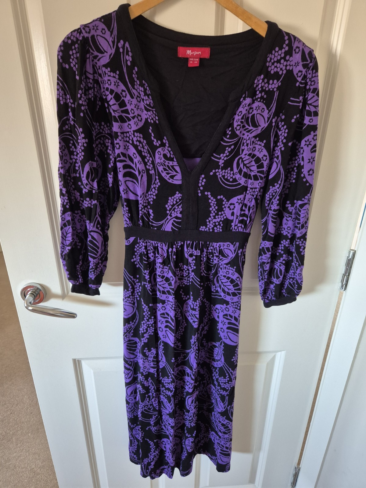 Monsoon Jersey Dress UK 10 Black And Purple Paisley Pattern 3/4 Sleeves Boho