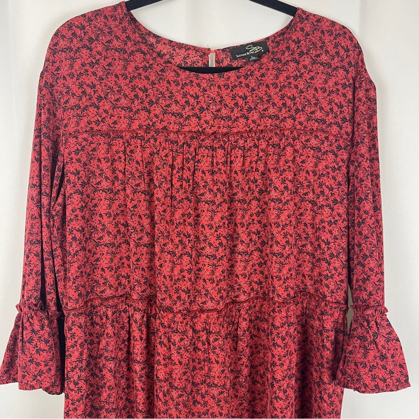 Red Black Print Tiered Ruffle Midi Dress Size Large Cottage Whimsigoth Goth