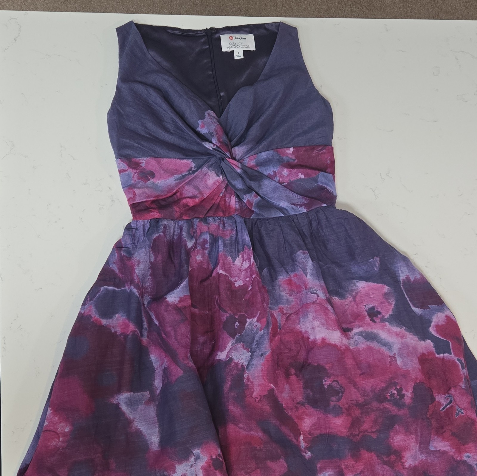 Lela Rose V-Neck Sleeveless Fit & Flare Hi-Low Lined Zip Dress Floral 6