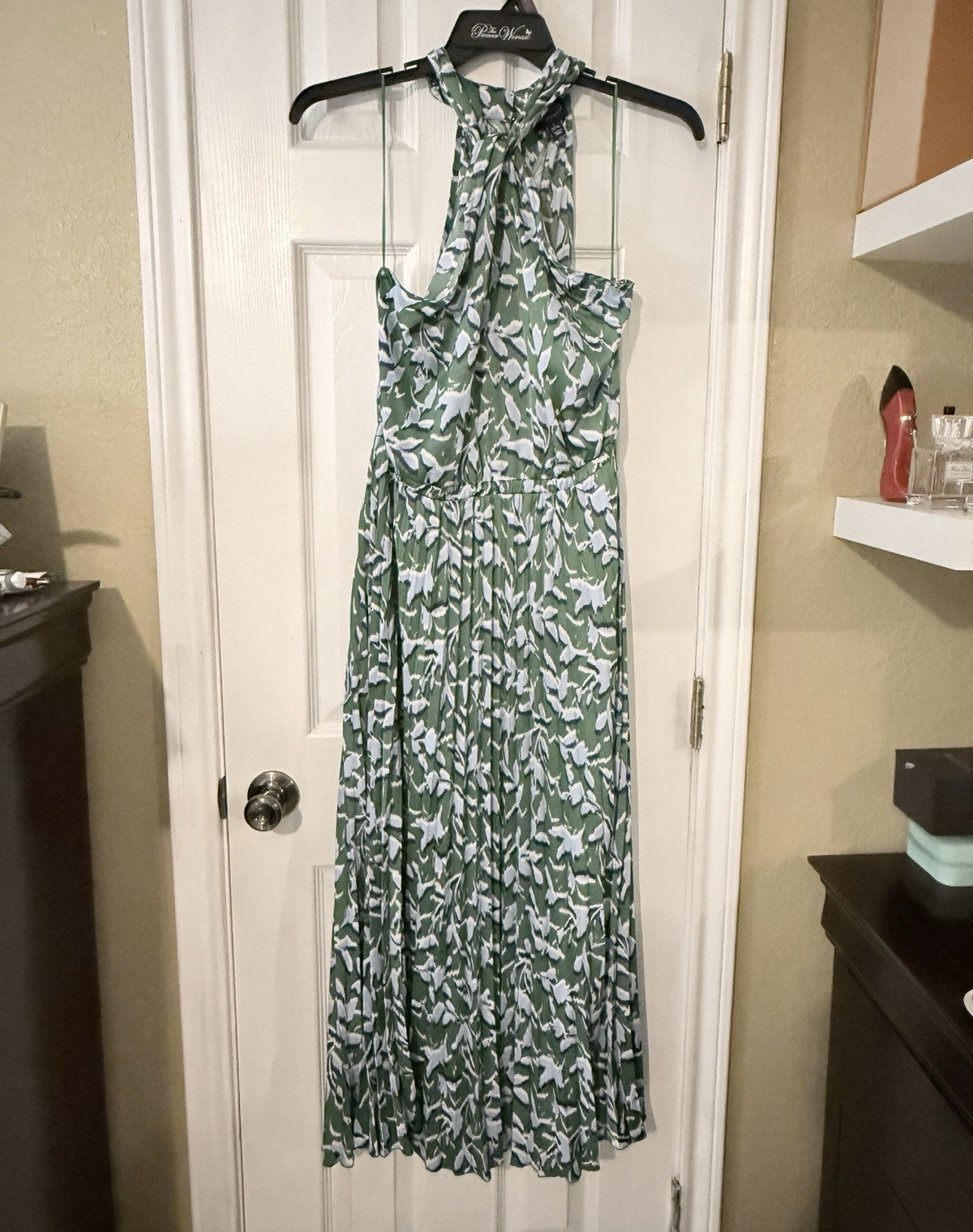 Scoop Abstract Halter Pleated Maxi Dress Green White Blue Sleeveless Size L